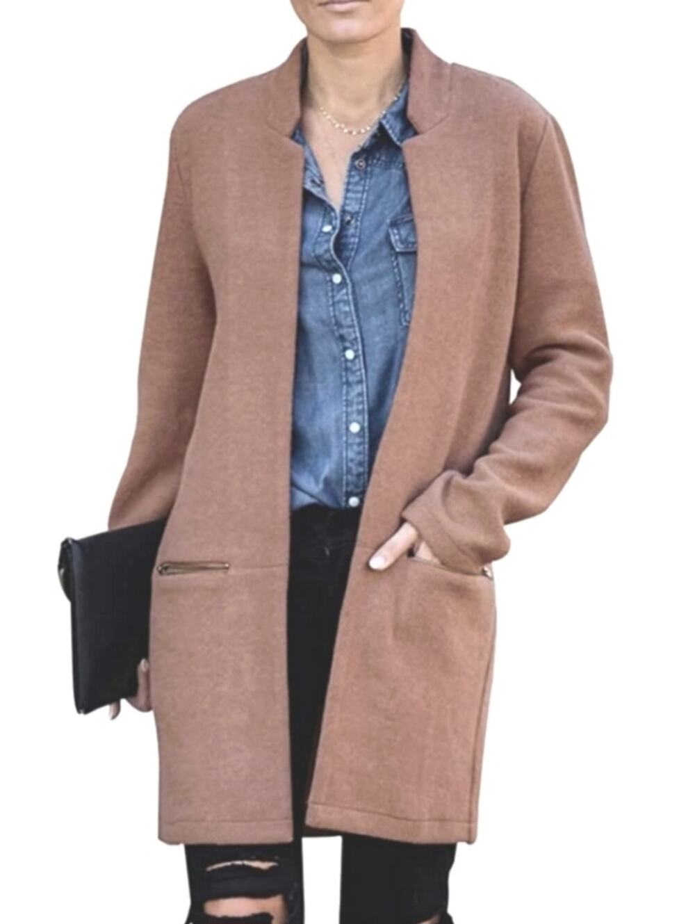 Flawless camel tan open front fleece cardigan jacket Size large Preppy Cozycore